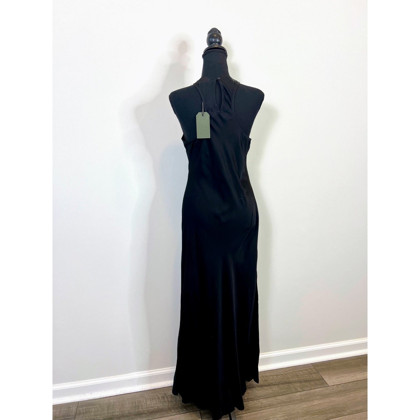 ALLSAINTS Batina Racer Back Maxi Dress in Black Size 8 Satin Keyhole Sleeveless
