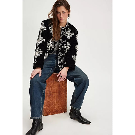 Free People Mia Embroidered Jacket Black Velvet Size Large