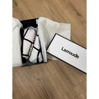 Larroude Black Satin Crystal Embellished T-Strap Flat Sandals Slingback New