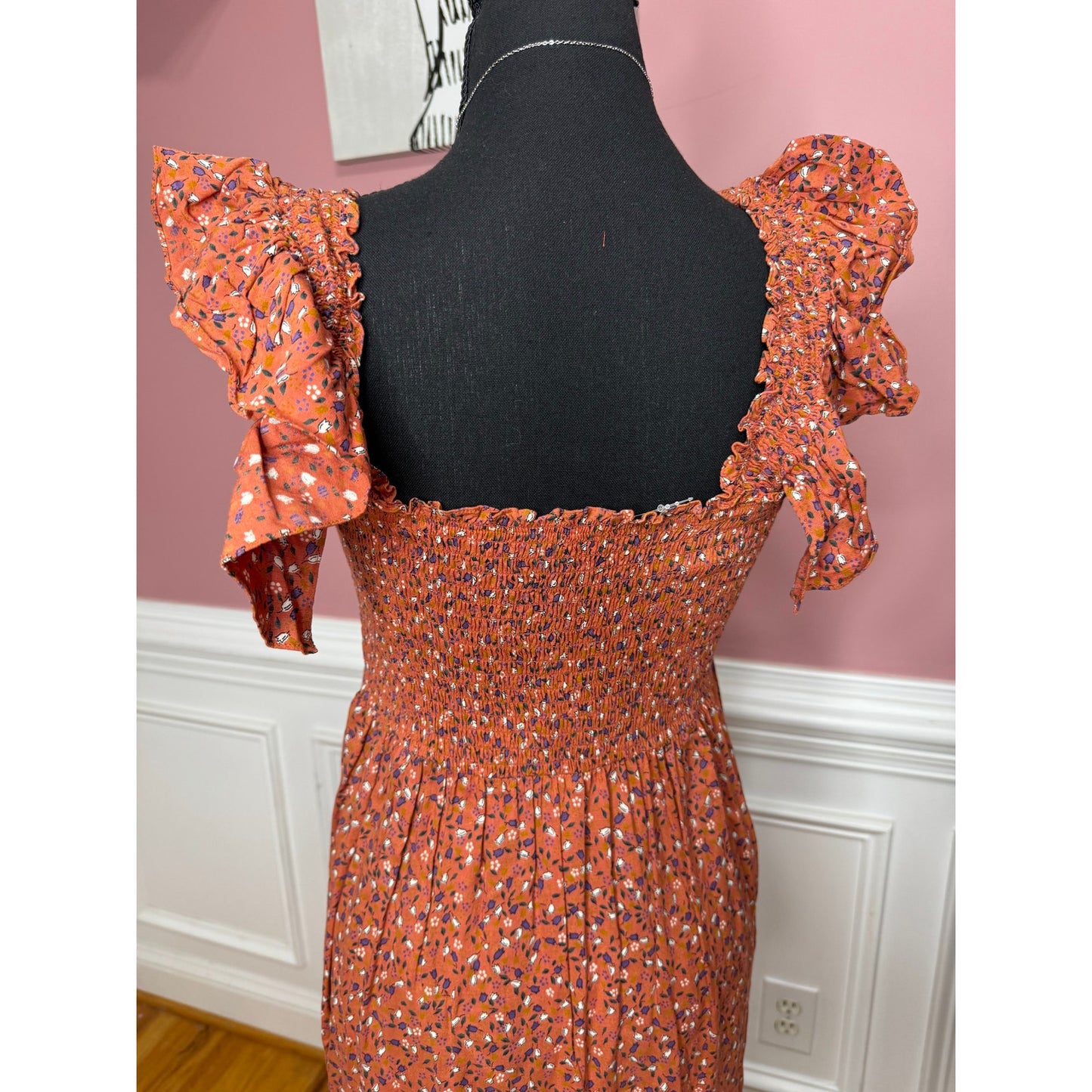 byTimo Floral Maxi Dress Orange Floral Small Short Sleeve Ruffle Smocked Cotton