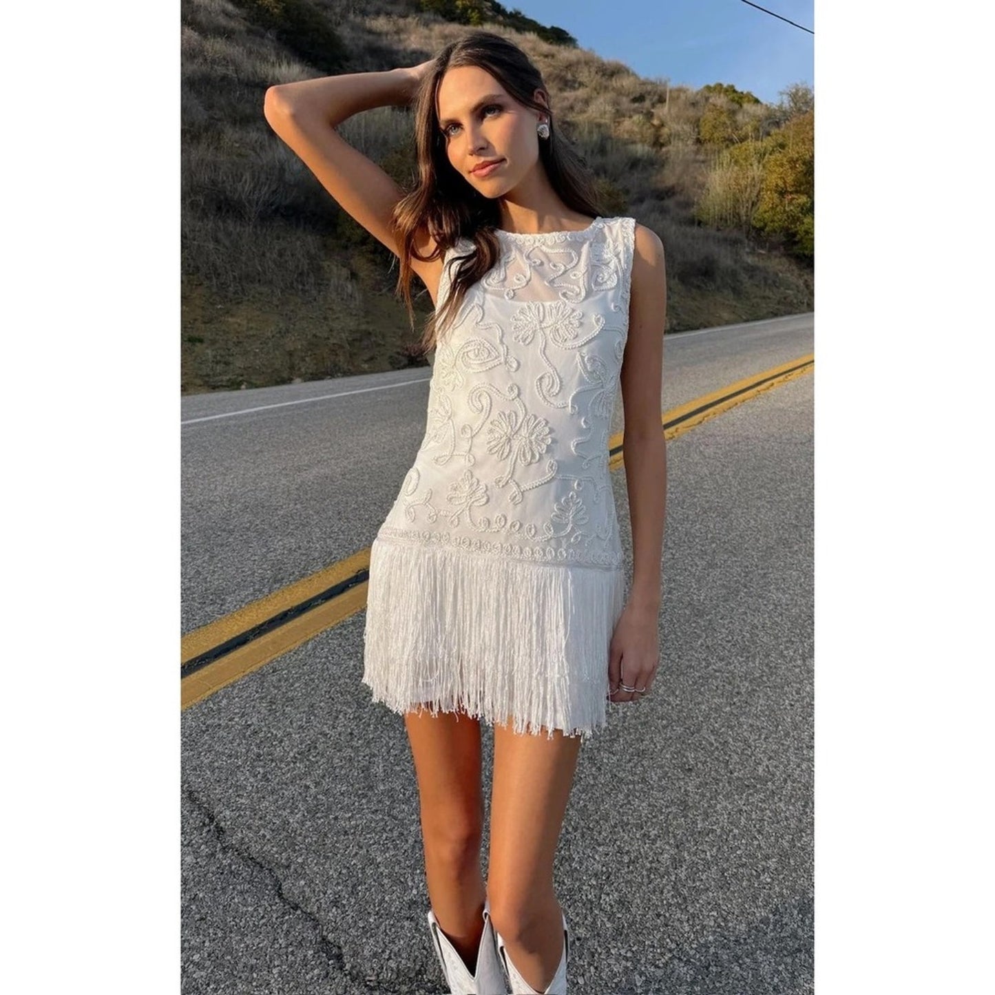 Show Me Your Mumu White Embroidered Fringe Mini Dress Sleeveless Flapper Bridal