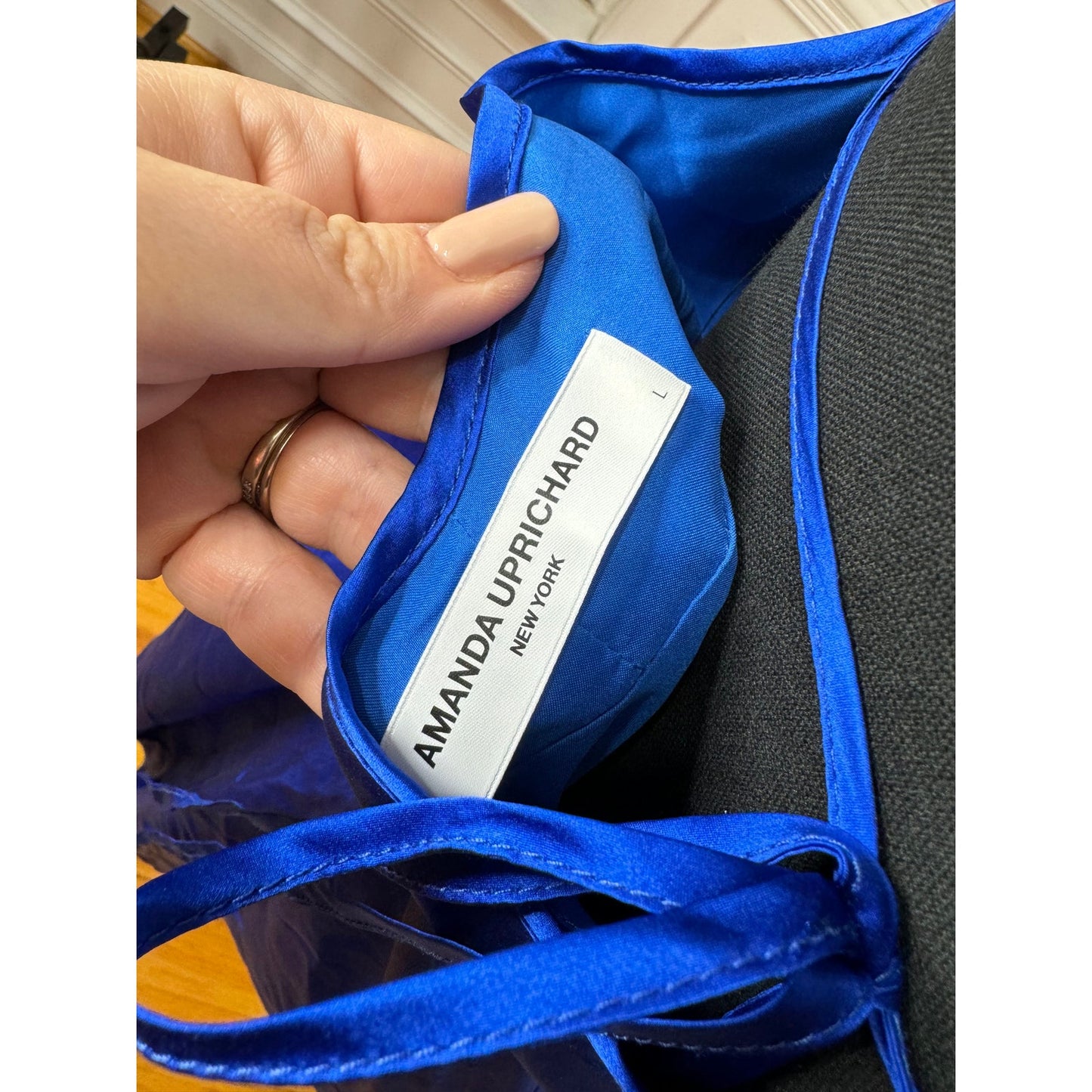 Amanda Uprichard Jasalina Dress in Branson Blue Large Satin Backless Cross Strap