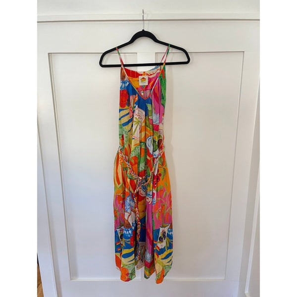 FARM Rio Maxi Dress Tropical Print Spaghetti Strap Belted Flowy Women Size M