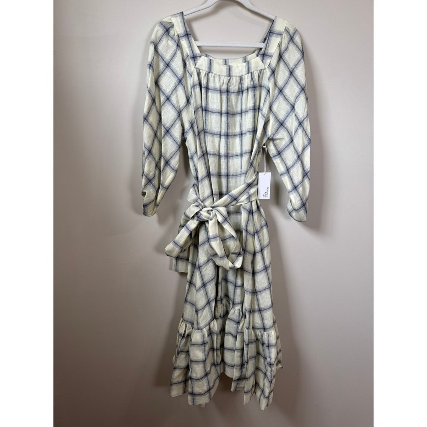 Lisa Marie Fernandez Cream Navy Check Linen Blend Balloon Sleeve Midi Dress NEW