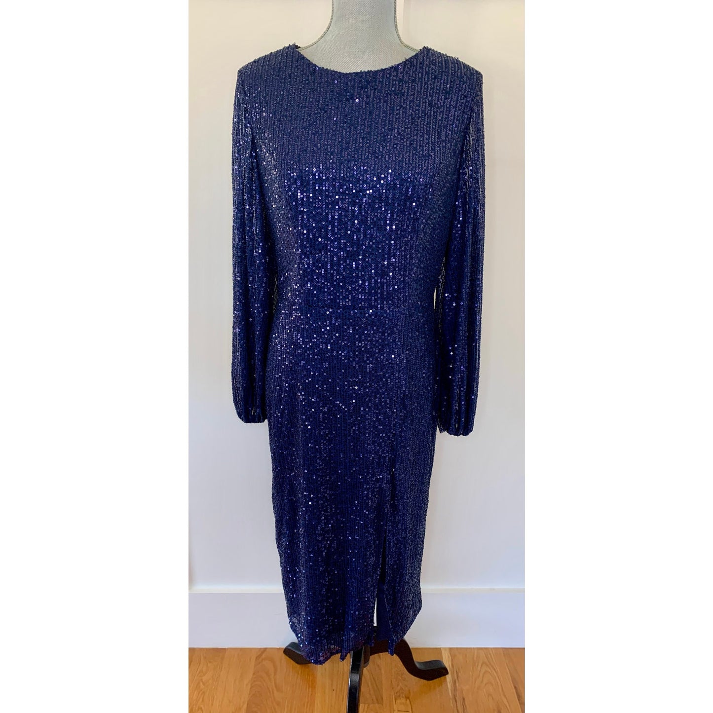 Mac Duggal Ieena Long Sleeve Sequin Midi Dress Midnight Size 10 Side Slit Lined