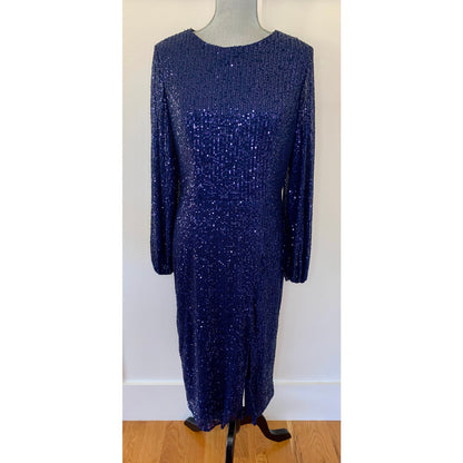 Mac Duggal Ieena Long Sleeve Sequin Midi Dress Midnight Size 10 Side Slit Lined