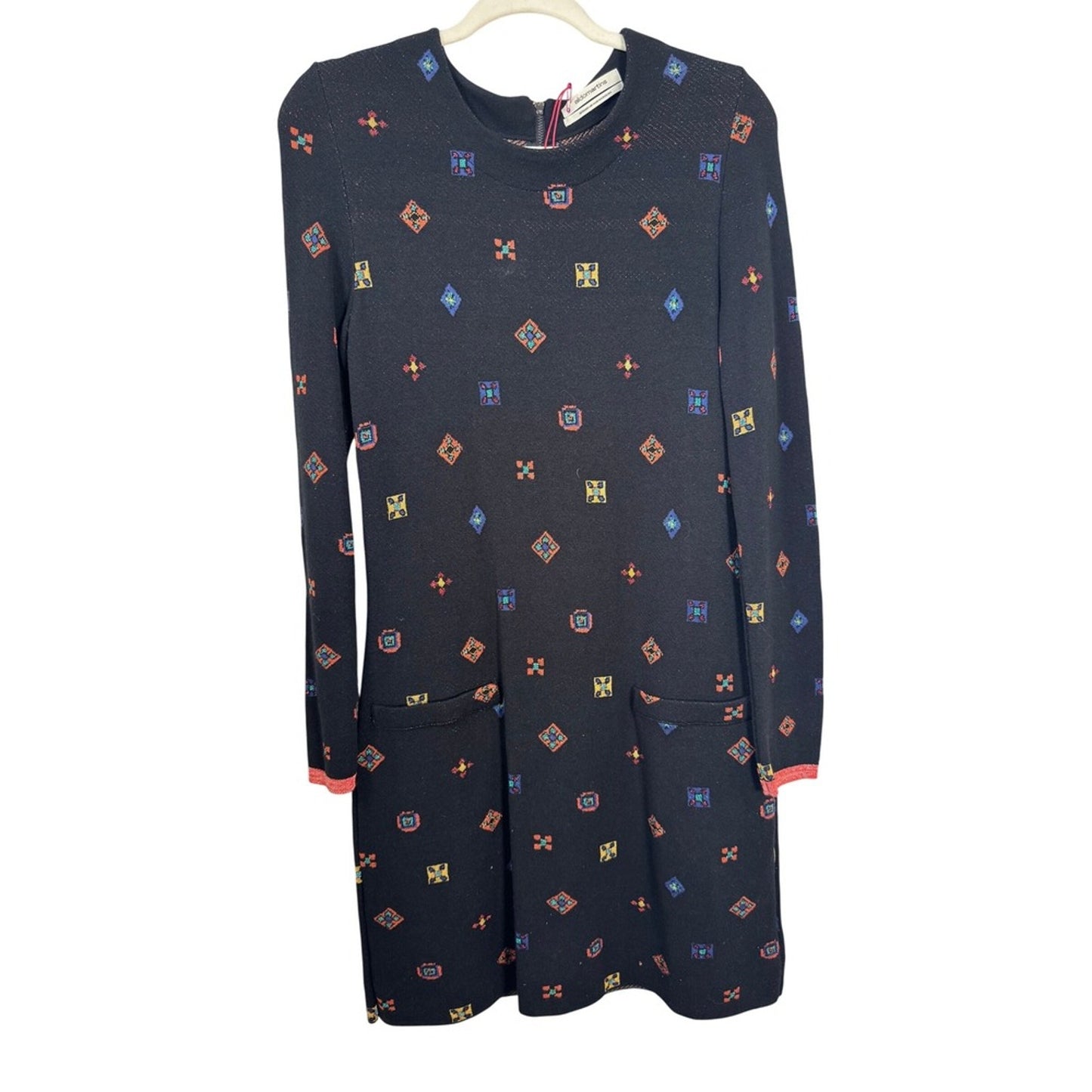 AldoMartins Barcelona Black Geometric Knit Long Sleeve Shift Dress Womens 8