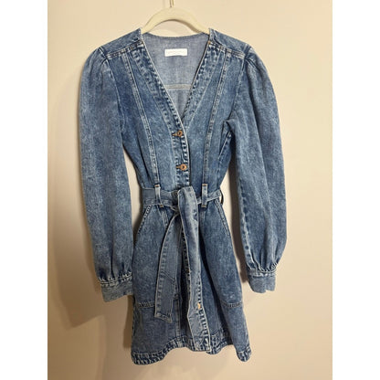 Jonathan Simkhai Standard Denim Mini Dress Blue Acid Wash Puff Sleeve Belted XS
