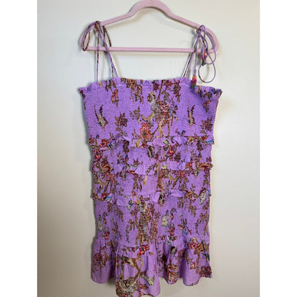 FARM Rio Purple Floral Smocked Mini Dress Tie Straps Tiered Ruffles XL