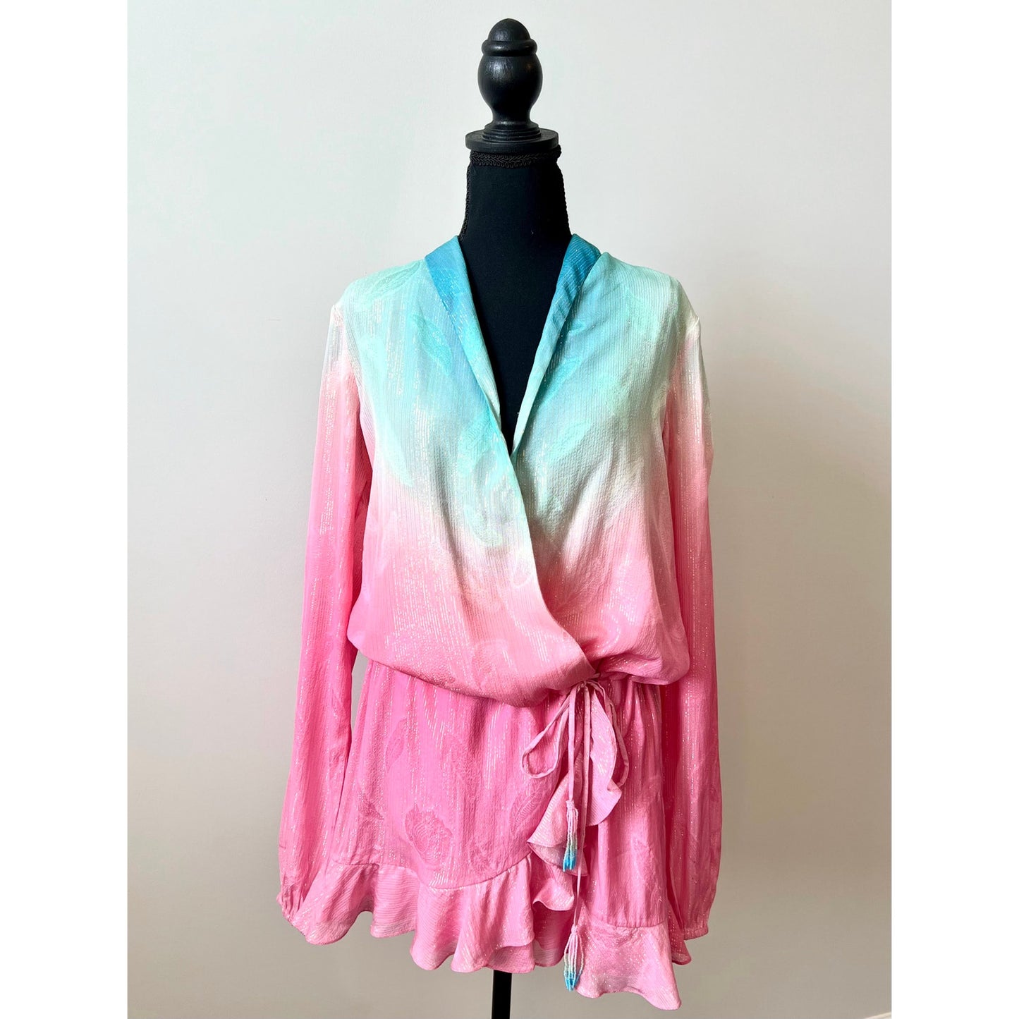 Rococo Sand Mini Dress in Ombre Small Floral Beaded Tasseled Long Sleeve Lined