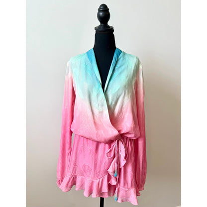 Rococo Sand Mini Dress in Ombre Small Floral Beaded Tasseled Long Sleeve Lined