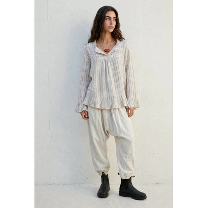 Jaded Gypsy Striped Linen Harem Pants Cream Grey Drop Crotch Boho Tapered Leg L