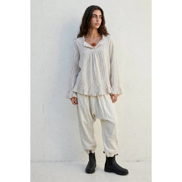 Jaded Gypsy Striped Linen Harem Pants Cream Grey Drop Crotch Boho Tapered Leg L