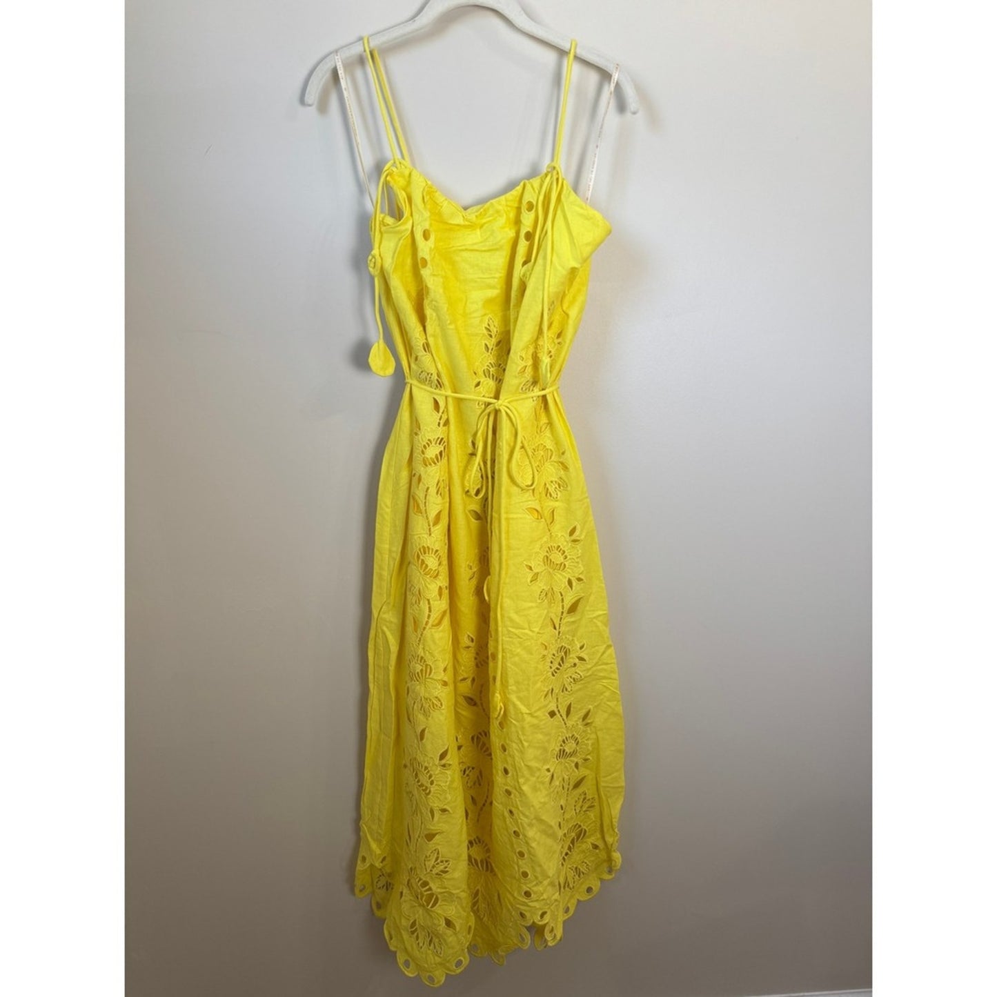 Farm Rio Yellow Floral Eyelet Midi Dress Scalloped Hem Tie Waist NWT