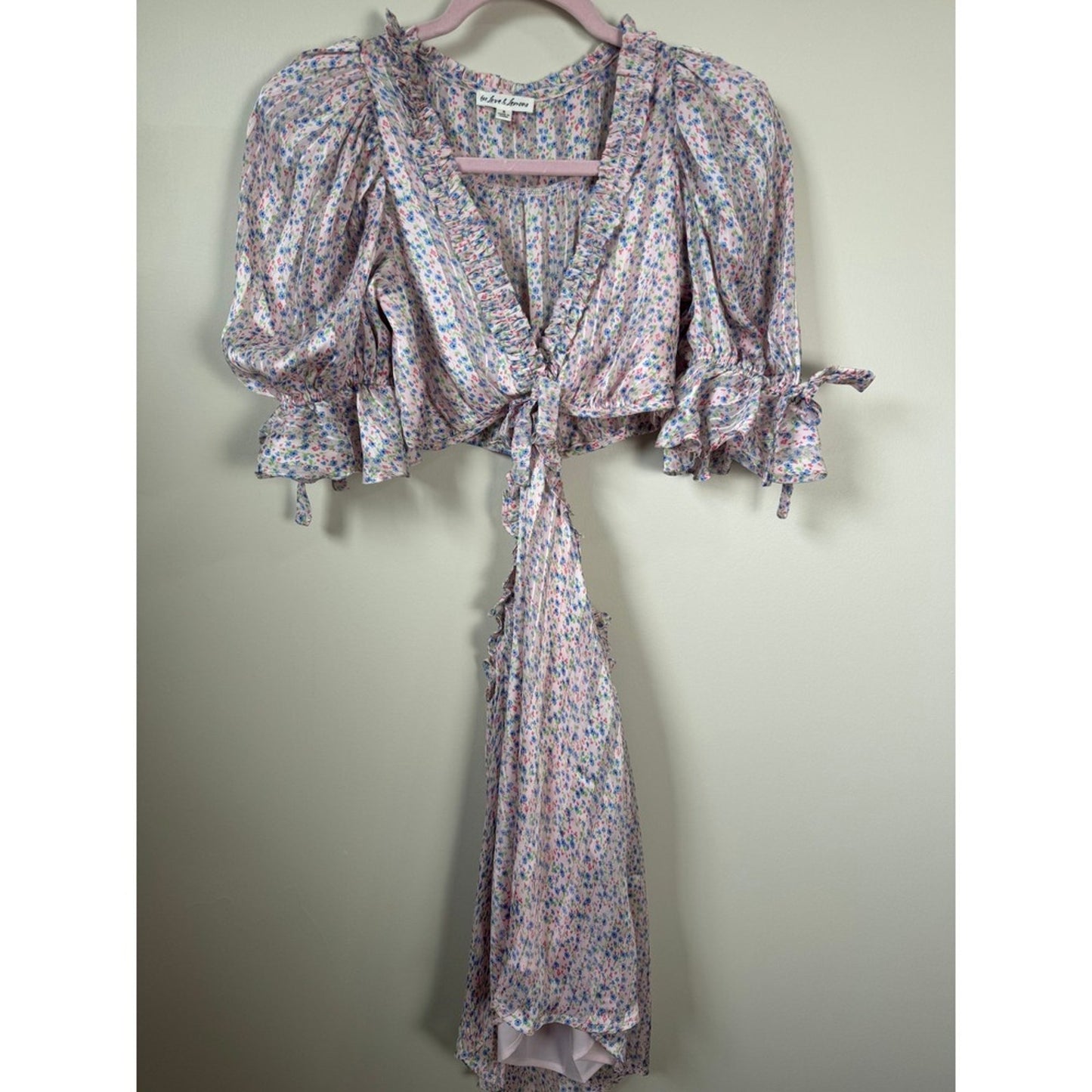 For Love & Lemons Pink Floral Cutout Mini Dress Puff Sleeve Metallic Pleat Small