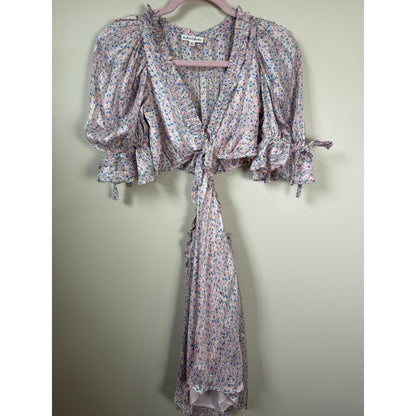 For Love & Lemons Pink Floral Cutout Mini Dress Puff Sleeve Metallic Pleat Small
