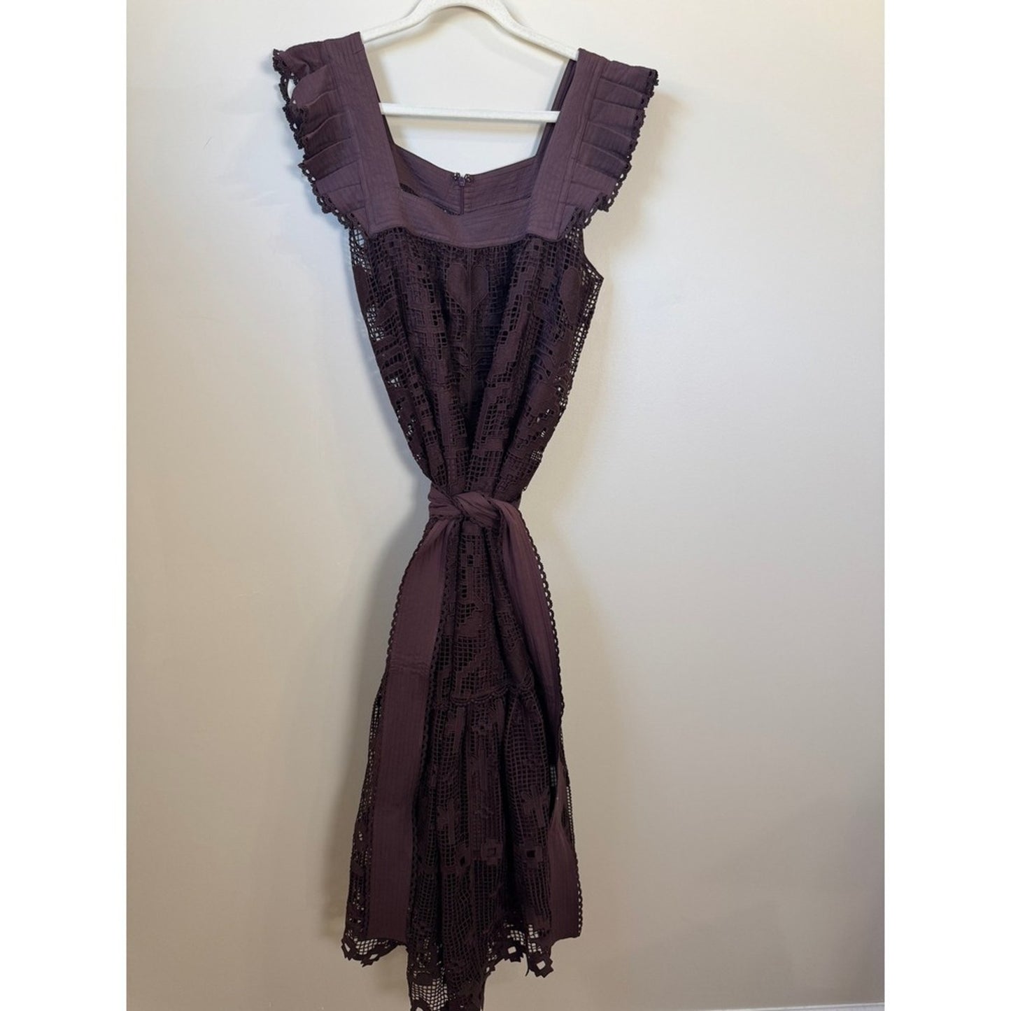 Farm Rio Chocolate Brown Lace Crochet Ruffle Midi Dress Square Neck Belted Boho