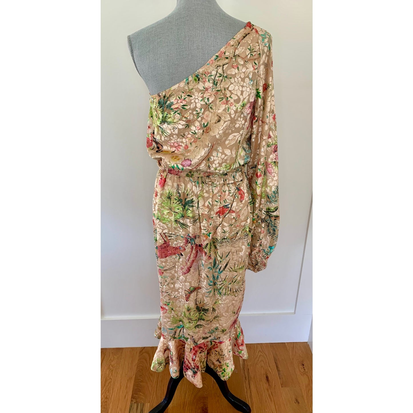 Hemant & Nandita Veena Dress in Nude Large Midi Floral One-Shoulder Lined
