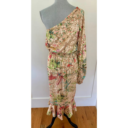 Hemant & Nandita Veena Dress in Nude Large Midi Floral One-Shoulder Lined
