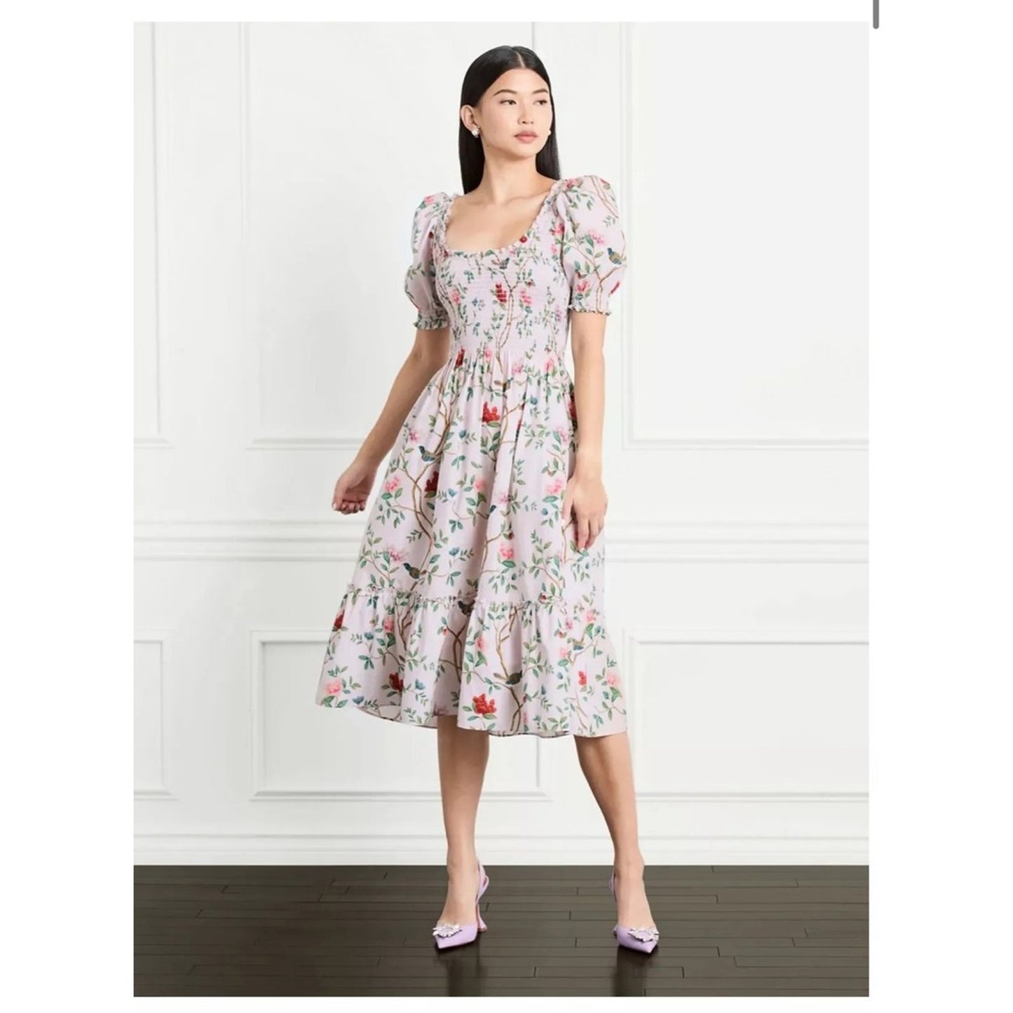 Hill House Home x Diane Hill Anjuli Nap Dress Floral Bird Smocked Midi Medium