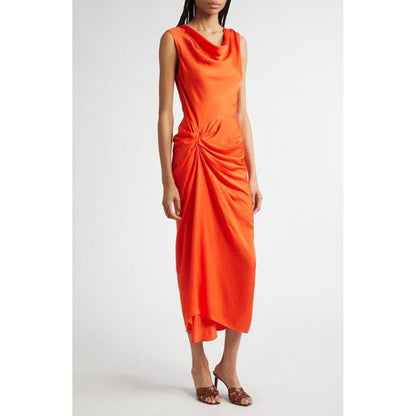 ALC Delfine Orange Silk Blend Cowl Neck Knotted Draped Midi Dress NEW