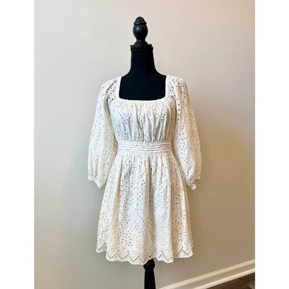 CleoBella Aria Mini Dress White Small Long Sleeve Embroidered Eyelet Tasseled‎