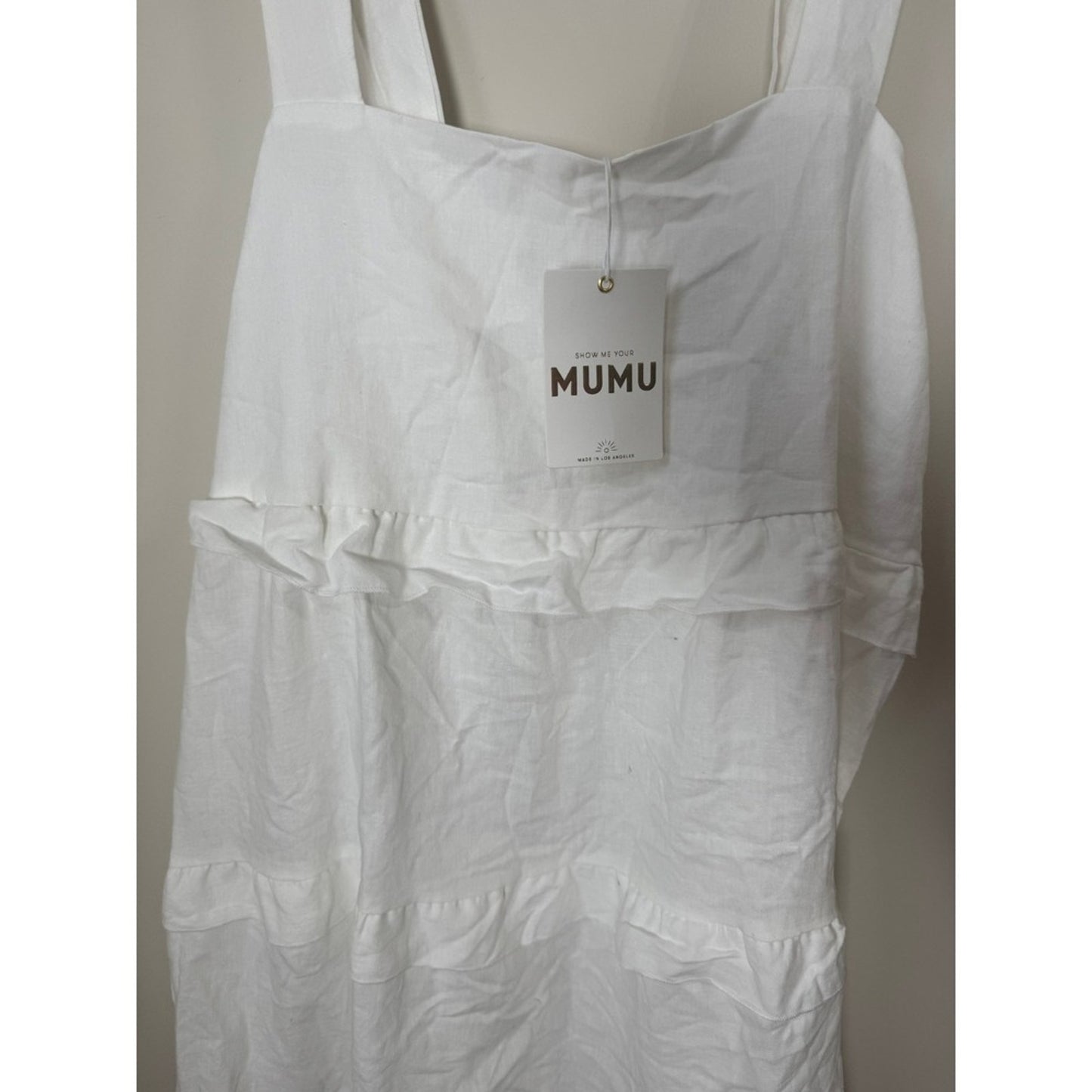Show Me Your Mumu White Linen Tiered Ruffle Mini Dress Square Neck NEW