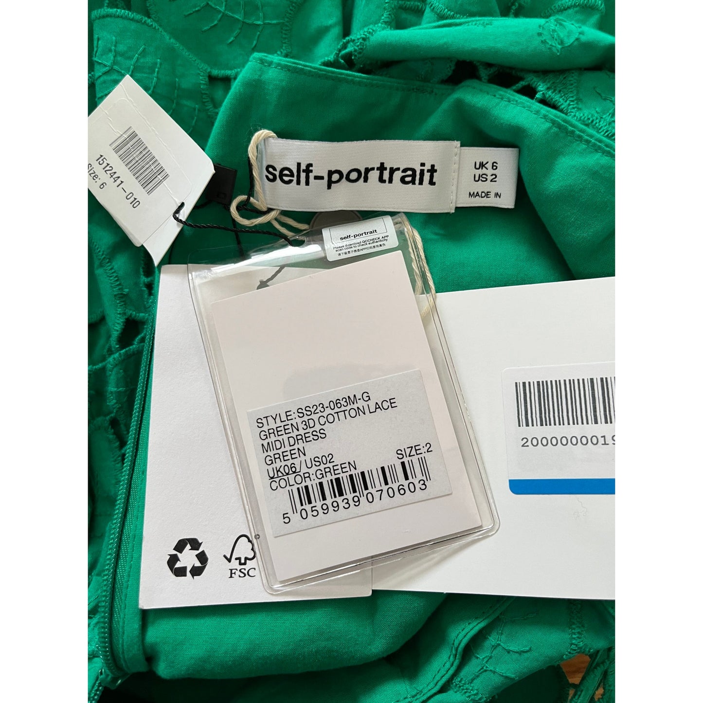 Self Portrait 3D Cotton Lace Midi Dress Green Size 2