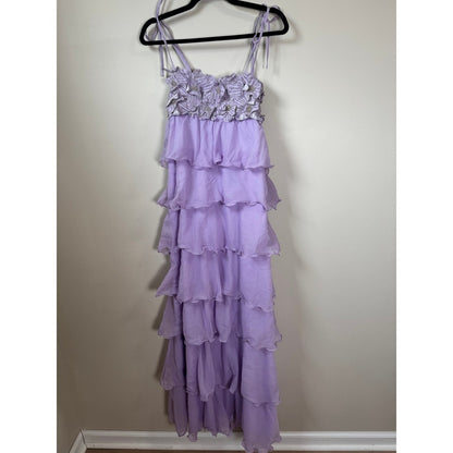 Show Me Your Mumu Lilac Ruffle Maxi Dress Floral Beaded Tiered Chiffon Small