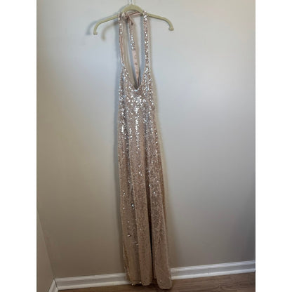 Show Me Your Mumu Sequin Maxi Dress Champagne Gold Halter Slit Gown Small