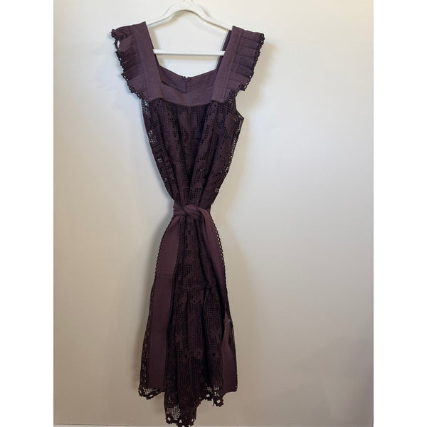 Farm Rio Chocolate Brown Lace Crochet Ruffle Midi Dress Square Neck Belted Boho