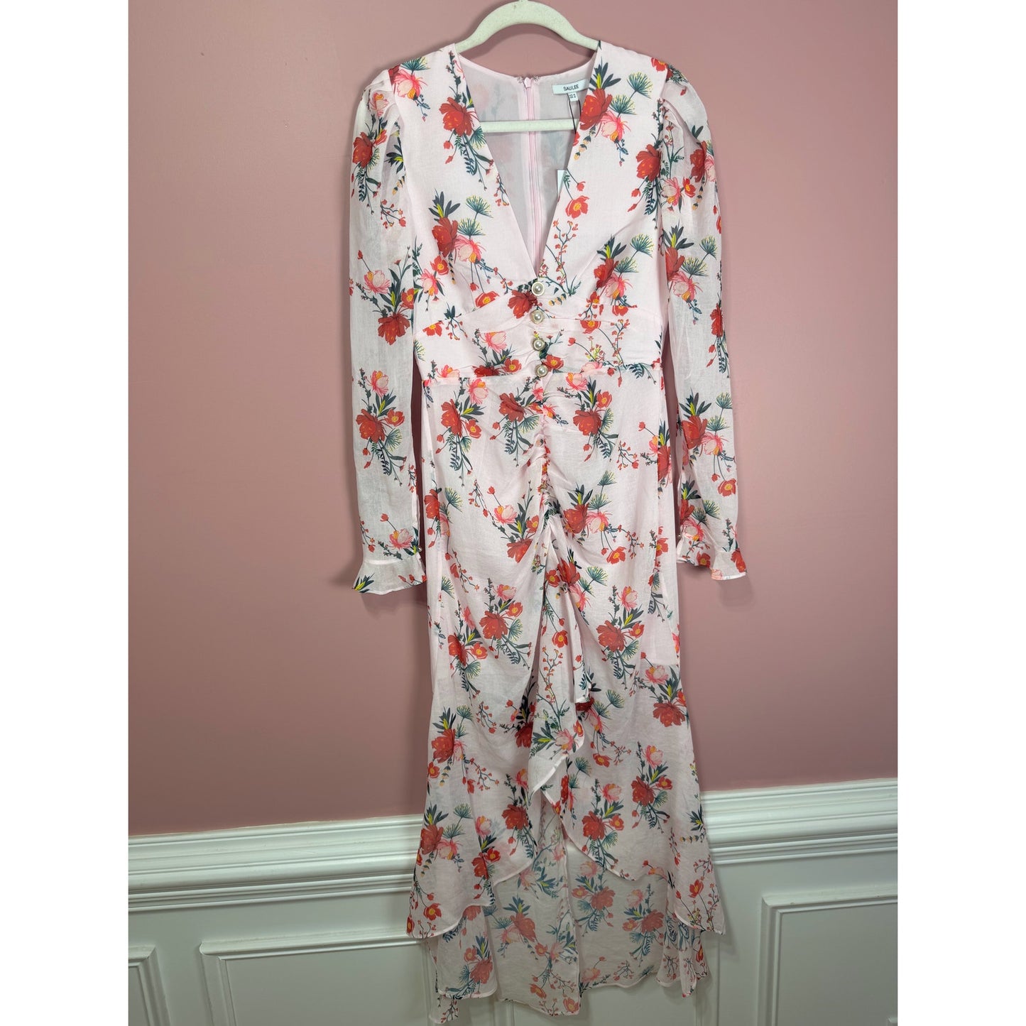 Sau Lee Ciara Floral Pink Ruffle Hi-Low Midi Dress Size 4