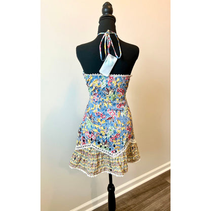 Hemant and Nandita Preet Mini Dress in Blue Medium Floral Halter Eyelet Lined