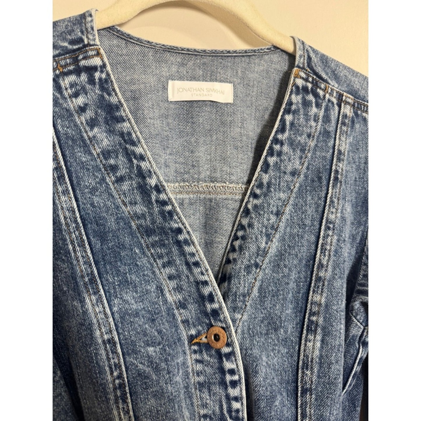 Jonathan Simkhai Standard Denim Mini Dress Blue Acid Wash Puff Sleeve Belted XS