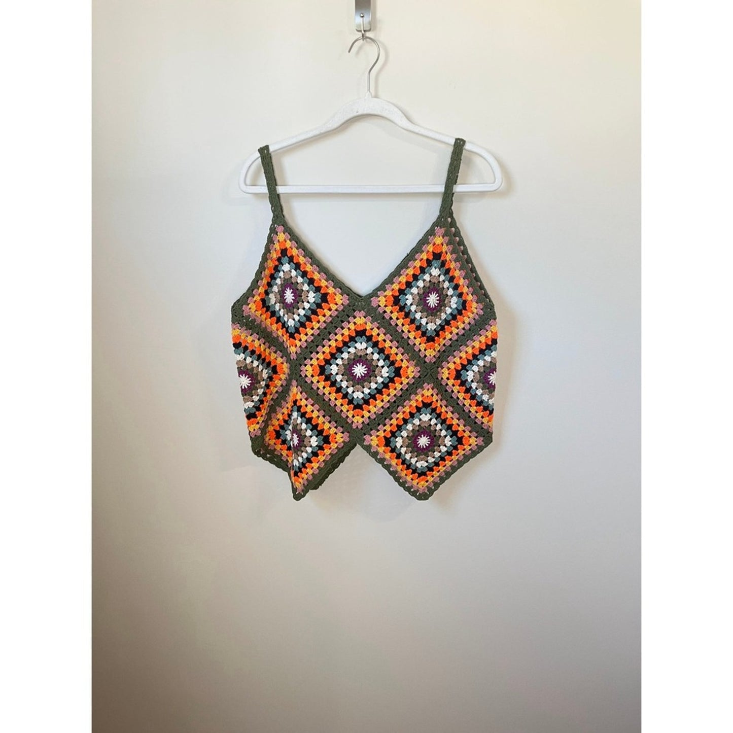 Jaded Gypsy Desert Sunset Tank Top S M Crochet Granny Square Boho Orange Green