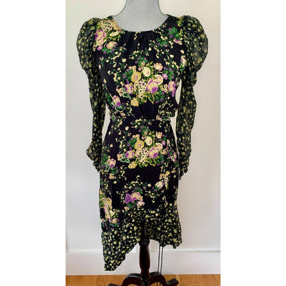 For Love & Lemons Hi-Low Dress in Black Floral Small Long Sleeve Open Tie Back