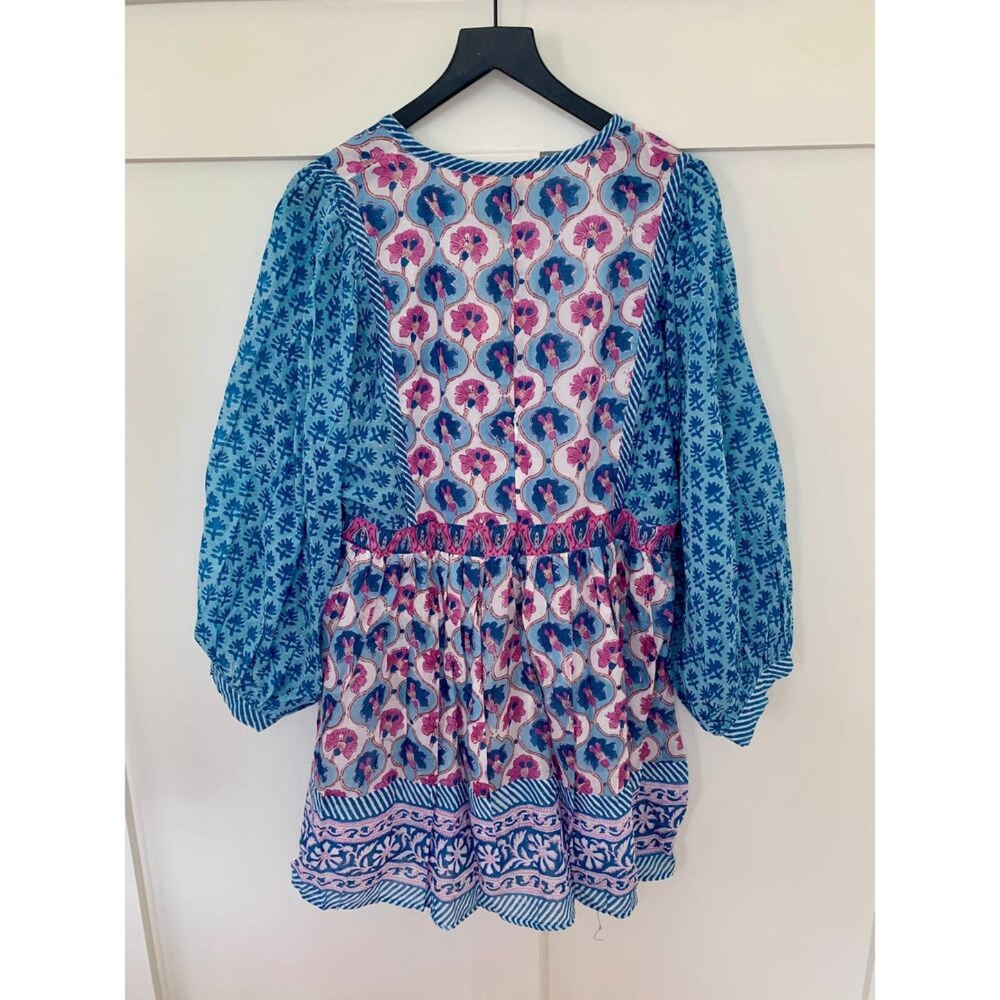 Oliphant Tie Front Balloon Mini Dress Iris Blue Medium Floral Print Long Sleeve‎