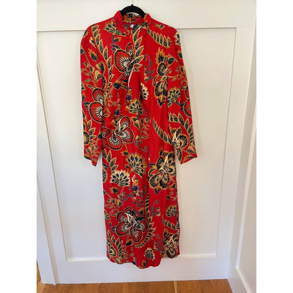 FARM Rio Maxi Dress Red Floral Print Long Sleeve Cutout Midi Size L