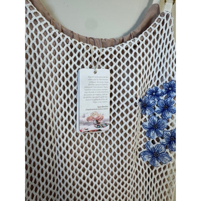 Agua Bendita White Fishnet Mesh Blue Floral Embroidered Midi Dress Bodycon Lined