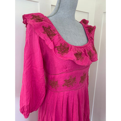Free People Lovers Lane Maxi Dress in Pink Phenom Medium Floral Embroidered