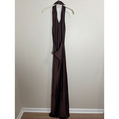 Show Me Your Mumu Brown Satin Halter Maxi Dress Open Back Evening Gown Espresso