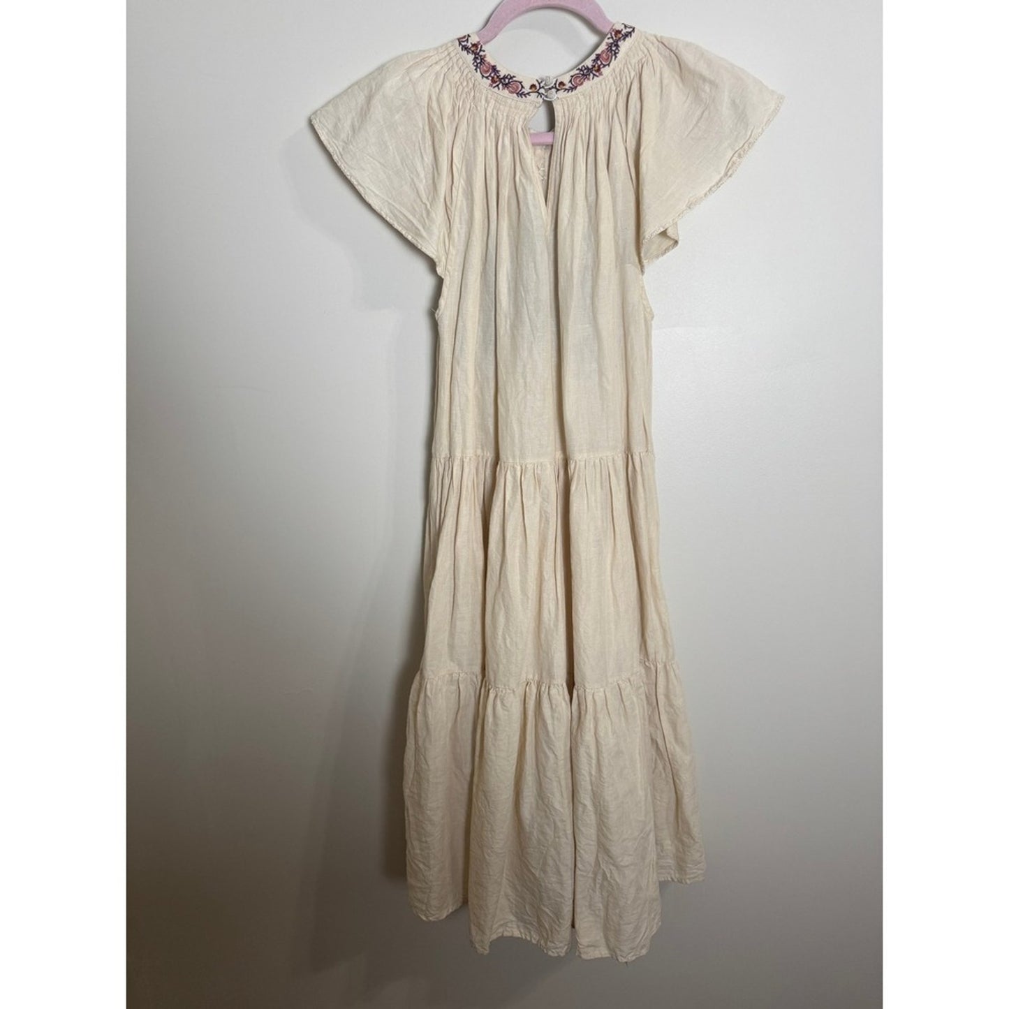 Ulla Johnson Embroidered Tiered Midi Dress Ruffled Neckline Flutter Sleeve