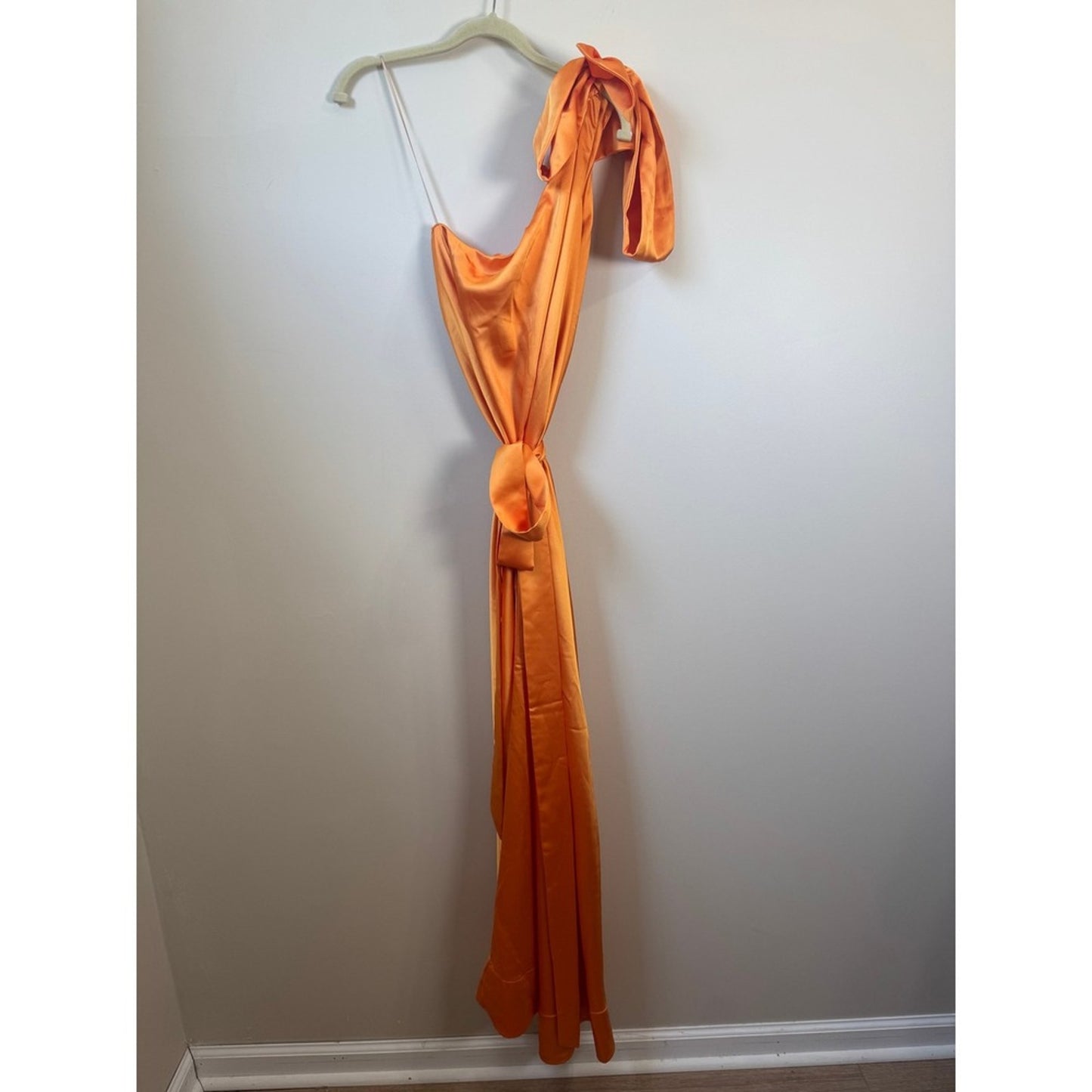 Orange Satin One Shoulder Maxi Dress Bow Detail Formal Gown Sleeveless Orange