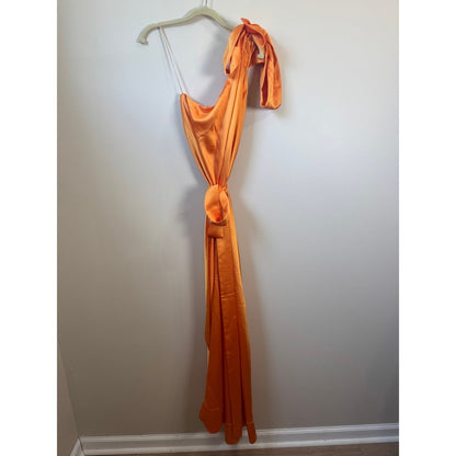 Orange Satin One Shoulder Maxi Dress Bow Detail Formal Gown Sleeveless Orange