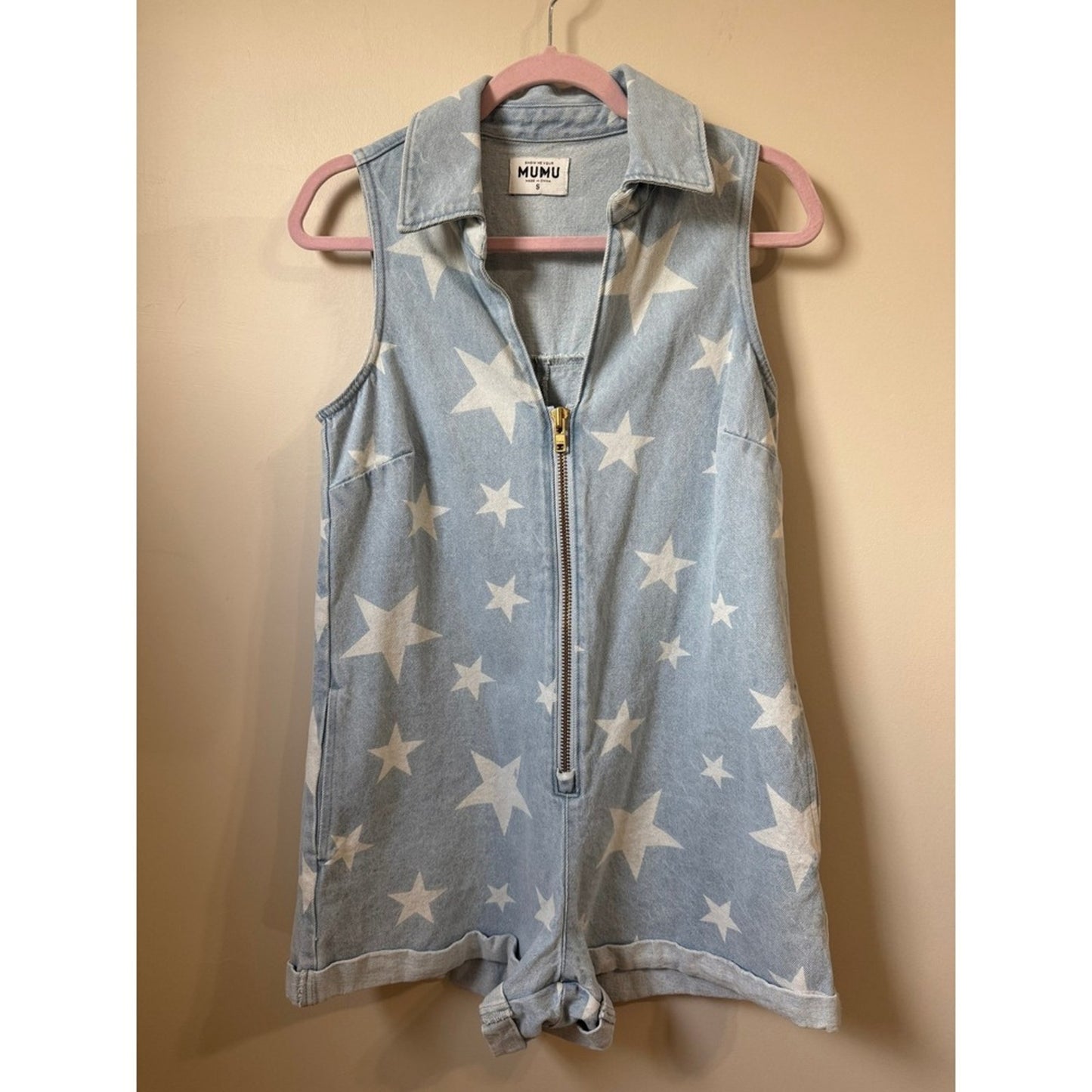 Show Me Your Mumu Star Print Denim Romper Light Wash Sleeveless Zip Front Small