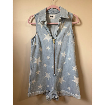 Show Me Your Mumu Star Print Denim Romper Light Wash Sleeveless Zip Front Small