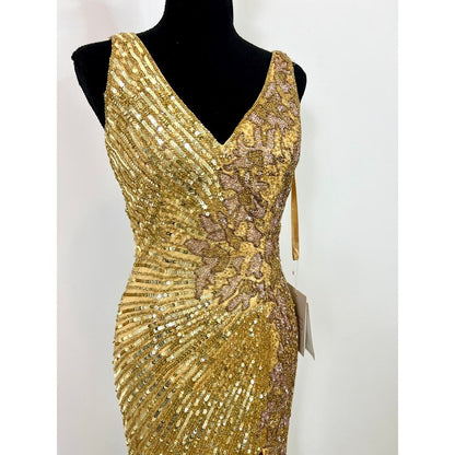 Mac‎ Duggal Gold Sequin Slit Gown Size 2