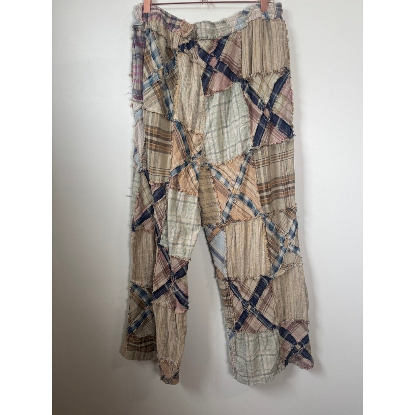Jaded Gypsy Patchwork Plaid Pants Wide Leg Distressed Drawstring Boho l/xl