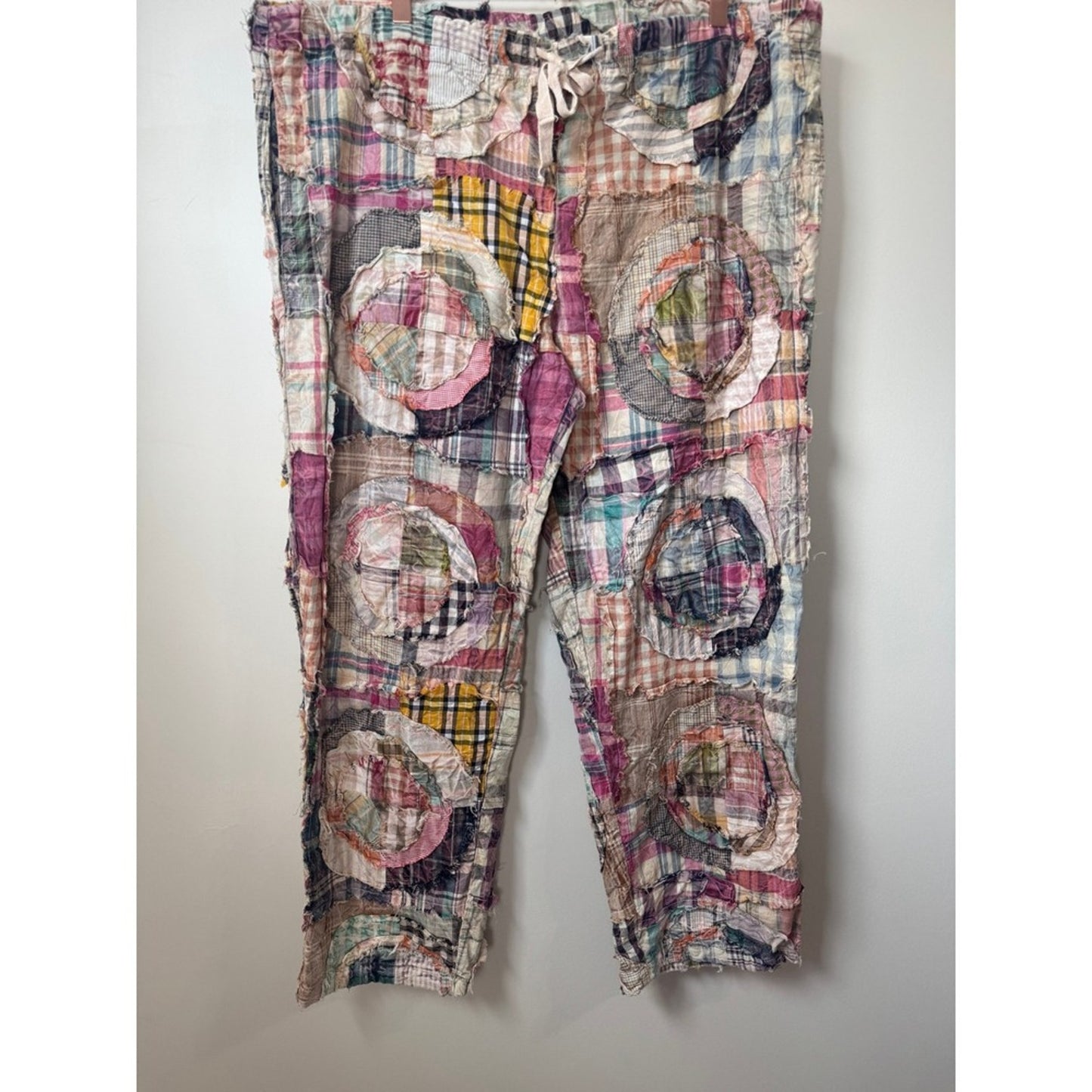 Jaded Gypsy Women Patchwork Plaid Boho Pants Straight Leg Drawstring