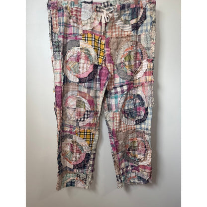 Jaded Gypsy Women Patchwork Plaid Boho Pants Straight Leg Drawstring